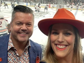 Rob Kinsey and his wife Lana show their support for the Oilers at Game 3 of the team's playoff series against the L.A. Kings.