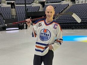 Figure skating champion Kurt Browning wears an Edmonton Oilers jersey as he campaigns in town for Stars On Ice, which opens on Sunday, May 14, 2022
