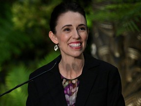 New Zealand's Prime Minister Jacinda Ardern speaks at the unveiling ceremony of a Kuwaha sculpture at Gardens by the Bay's Cloud Forest in Singapore, April 19, 2022.