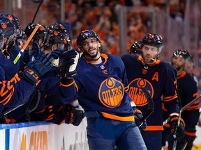 Edmonton Oilers forward Evander Kane celebrates a goal against the Calgary Flames during Game 4 on Tuesday night.