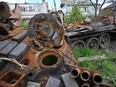 Destroyed tanks in the village of Mala Rogan, near Kharkiv, Ukraine on May 18, 2022.