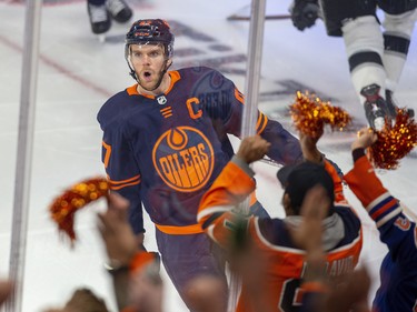 Edmonton Oilers Connor McDavid (97) celebrates his goal against the Los Angeles Kings during third period NHL playoff action on Tuesday, May 10, 2022 in Edmonton.