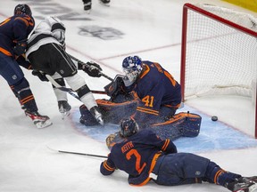 Edmonton Oilers goaltender Mike Smith (41) is scored on by Los Angeles Kings Adrian Kempe (9) during overtime NHL playoff action on Tuesday, May 10, 2022 in Edmonton.