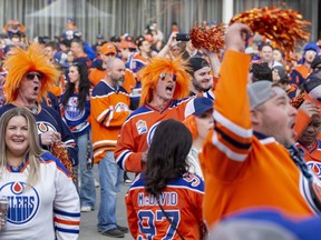 People take part in the celebrations as the Edmonton Oilers have clinched home ice advantage in the first round of the 2022 Stanley Cup Playoffs. Edmonton’s ICE District is the centre of the activities including the Oilers tailgate event on Monday, May 2, 2022 in Edmonton.