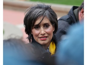 Chestermere-Rocky View MLA Leela Aheer speaks with media at McDougall Centre in Calgary before a UCP caucus meeting on Thursday, May 19, 2022. The UCP were meeting following Premier Jason Kenney's announcement Wednesday night that he will be resigning as leader.