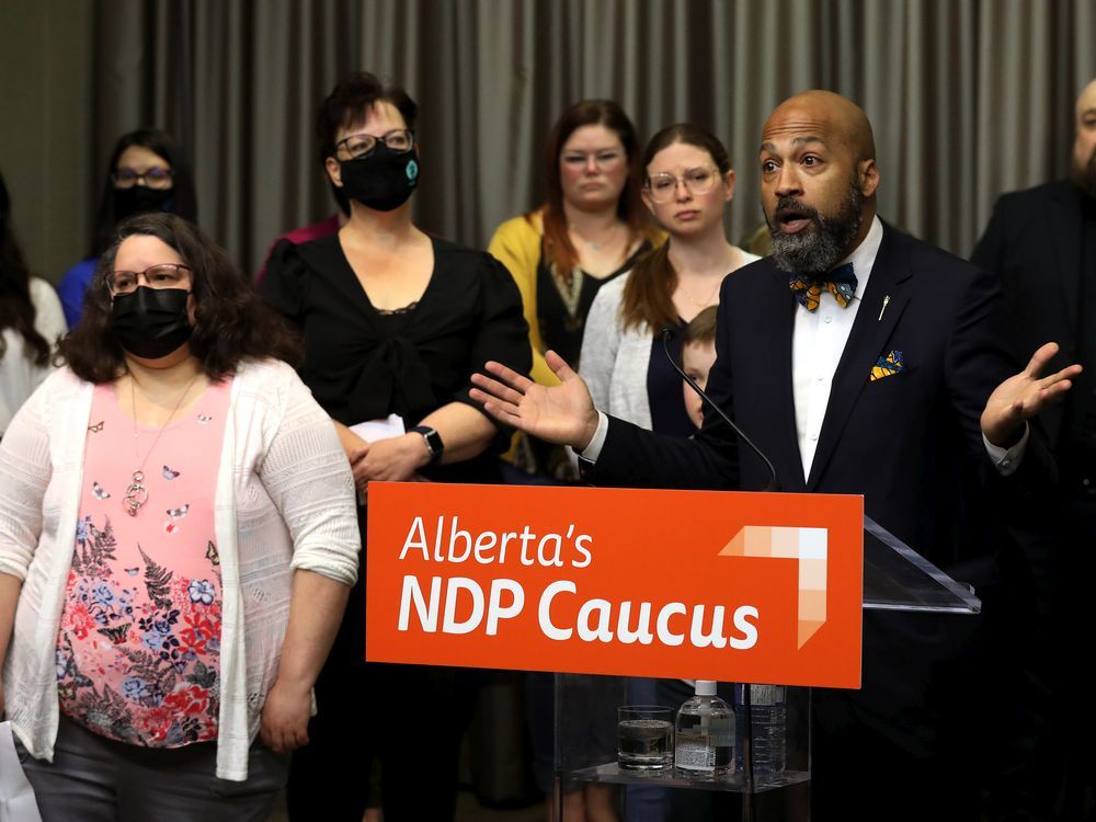 NDP critic for health David Shepherd and Albertans with diabetes and parents of children with diabetes, urge the UCP to halt plans to cancel insulin pump supports, during a press conference in Edmonton, Monday May 9, 2022. 