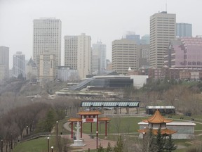 Fog and rain hang over Louise McKinney Riverfront Park and downtown Edmonton, Tuesday May 3, 2022.