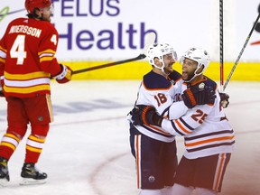The Edmonton Oilers scores on Calgary Flames goalie Jacob Markstrom in second period action during Round two of the Western Conference finals at the Scotiabank Saddledome in Calgary on Thursday, May 26, 2022.