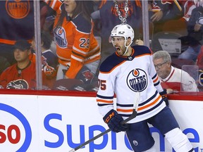 Calgary Flames goalie Jacob Markstrom is scored on by Edmonton Oilers Evan Bouchard in second period action during Round two of the Western Conference finals at the Scotiabank Saddledome in Calgary on Friday, May 20, 2022.