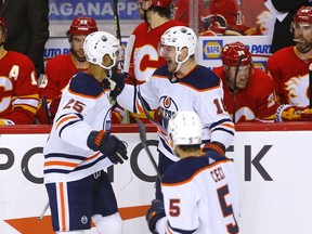 Edmonton Oilers Zach Hyman scores on Calgary Flames goalie Jacob Markstrom in third period action during Round two of the Western Conference finals at the Scotiabank Saddledome in Calgary on Friday, May 20, 2022.