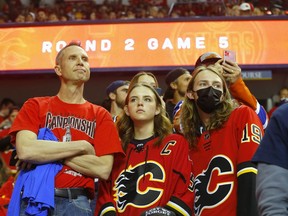 Anxious Flames fans at the Scotiabank Saddledome as the Flames face the Edmonton Oilers and possilbe elimination during Round two of the Western Conference finals in Calgary on Thursday, May 26, 2022.