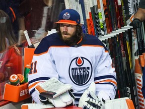 May 18, 2022; Calgary, Alberta, CAN; Edmonton Oilers goalkeeper Mike Smith (41) with Calgary Flames in Game 1 of the second round of the 2022 Stanley Cup playoff at Scotiabank Saddledome. In the first period, he was replaced by goalkeeper Mikko Koskinen (19).