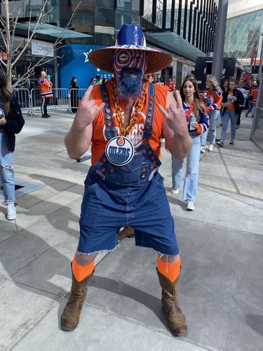 Edmonton Oilers fan Dale Steil poses for a photo at Ice District outside Rogers Place for Game 3 of the Battle Of Alberta between the Oilers and Calgary Flames on Sunday, May 22, 2022.