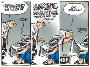 Rachel Notley comforted after Jason Kenney announces his resignation as UCP leader. (Cartoon by Malcolm Mayes)