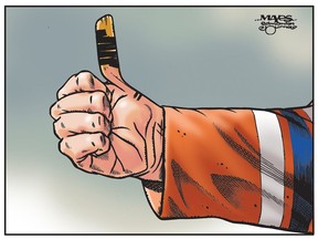 Edmonton Oiler fan gives thumbs up. (Cartoon by Malcolm Mayes)