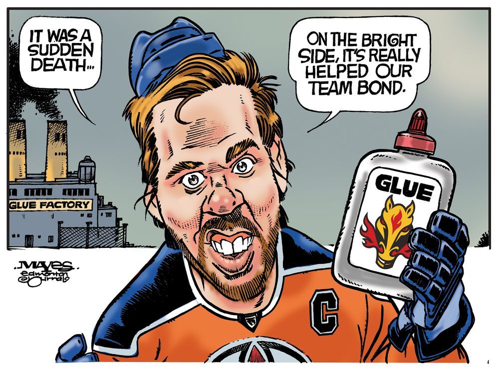 Cartoon Illustration Of Edmonton Oilers Hockey Players Riding A Steam