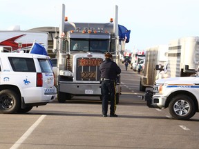 The roadblock on Highway 4 outside of Milk River heading towards the Coutts border crossing on Tuesday, February 8, 2022.