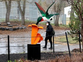 A large scale Lego hummingbird sculpture on display at the Edmonton Valley Zoo, Friday May 6, 2022. The sculpture is part of the zoo's Nature Connects exhibition from artist Sean Kenney.