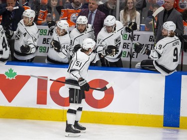 Los Angeles Kings Troy Stecher (51) celebrates his goal on the Edmonton Oilers during first period NHL playoff action on Tuesday, May 10, 2022 in Edmonton.