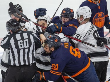 Edmonton Oilers Evander Kane (91) mixes it up with the Los Angeles Kings during second period NHL playoff action on Tuesday, May 10, 2022 in Edmonton. Greg Southam-Postmedia