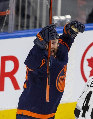 Edmonton Oilers Zack Kassian (44) celebrates his goal on Los Angeles Kings goaltender Jonathan Quick (32) during second period NHL playoff action on Tuesday, May 10, 2022 in Edmonton.