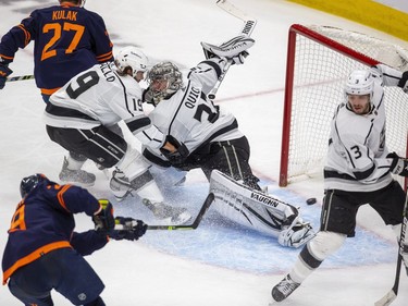 Edmonton Oilers Leon Draisaitl (29) scores on Los Angeles Kings goaltender Jonathan Quick (32) during third period NHL playoff action on Tuesday, May 10, 2022 in Edmonton.