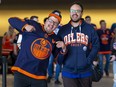 Edmonton Oilers fans Armand Silverquill and Cameron Dutka walk into Rogers Place to watch game 6 in the first round of the playoffs between the Oilers and Los Angeles Kings. Taken on Thursday, May 12, 2022 in Edmonton.