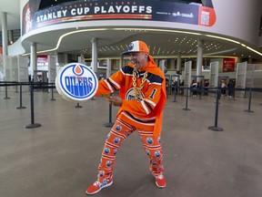 Blair Gladue, better known as Superfan Magoo on social media, is trying to get Edmonton Oilers fans coming to Rogers Place pumped up as they wait for Game 6 to start between the Oilers and Los Angeles Kings.  Taken on Thursday, May 12, 2022 in Edmonton.  Greg Southam/Postmedia