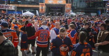 Fans gather in the plaza before the Edmonton Oilers, Calgary Flames playoff hockey game on Sunday, May 22, 2022 in Edmonton.