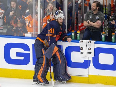 Edmonton Oilers goaltender Mike Smith (41)  relaxesbefore  before NHL second round playoff hockey action against the Calgary Flames on Sunday, May 22, 2022 in Edmonton.