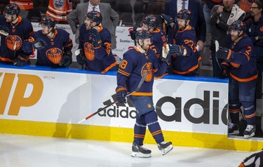 Edmonton Oilers Zach Hyman (18) celebrates his goal with teammates against the Calgary Flames during second period NHL second round playoff hockey action on Sunday, May 22, 2022 in Edmonton.