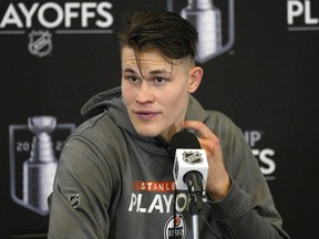 Edmonton Oiler Jesse Puljujarvi comments on Tuesday May 3, 2022. The Oilers lost the opening game of their first round playoff series against the Los Angeles Kings on Monday May 2, 2022.