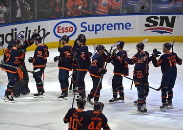 Edmonton Oilers celebrate their win defeating the Calgary Flames 5-3 during NHL playoff action at Rogers Place in Edmonton, May 24, 2022.