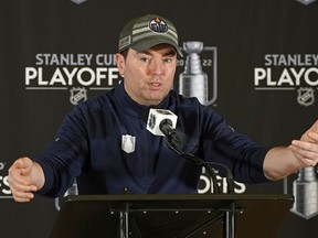 Edmonton Oilers head coach Jay Woodcroft comments after team practise in Edmonton on Monday May 16, 2022 where the team was preparing for their Stanley Cup playoff series against the Calgary Flames which begins on Wednesday May 18, 2022 in Calgary.