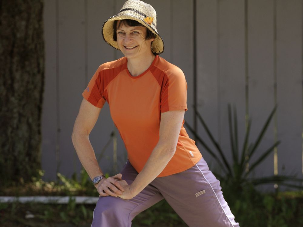 Philippa Bruce, a professional physiotherapist and avid gardener, demonstrates special stretches to keep gardeners pain free.   