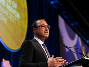 Mayor Amarjeet Sohi delivers the state of the city address to the Edmonton Chamber of Commerce at Edmonton Convention Centre on Tuesday, May 10, 2022.