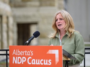 Alberta NDP Leader Rachel Notley speaks at a news conference outside Calgary city hall on June 1, 2022.