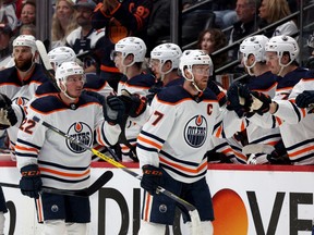 Connor McDavid (97) of the Edmonton Oilers celebrates after scoring a goal against the Colorado Avalanche in Game 1 of the Western Conference final of the 2022 Stanley Cup playoffs at Ball Arena on May 31, 2022, in Denver.