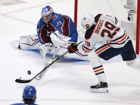 Leon Draisaitl #29 of Edmonton Oilers takes a shot at Pavel Francouz #39 of Colorado Avalanche during the first period in game two of the 2022 Western Conference Final Stanley Cup Playoffs at the Ball Arena on June 02, 2022 in Denver, Colorado.