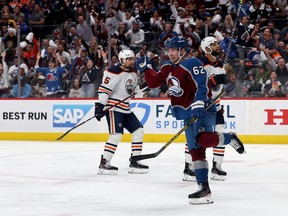DENVER, COLORADO - JUNE 02: Artturi Lehkonen #62 of the Colorado Avalanche celebrates after scoring a goal on Mike Smith #41 of the Edmonton Oilers during the second period in Game Two of the Western Conference Final of the 2022 Stanley Cup Playoffs at Ball Arena on June 02, 2022 in Denver, Colorado.