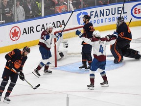 J.T. Compher #37 of the Colorado Avalanche celebrates a goal in the third period against the Edmonton Oilers in Game Three of the Western Conference Final of the 2022 Stanley Cup Playoffs at Rogers Place on Saturday, June 4, 2022.