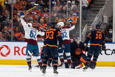Colorado Avalanche's Cale Makar (8) celebrates a goal with teammates on Edmonton Oilers' goaltender Mike Smith (41) during first period of Game 4 of the NHL Western Conference Final action at Rogers Place in Edmonton, on Monday, June 6, 2022.