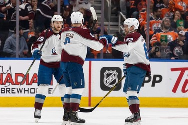 Colorado Avalanche's Cale Makar (8) celebrates a goal with teammates on Edmonton Oilers' goaltender Mike Smith (41) during first period of Game 4 of the NHL Western Conference Final action at Rogers Place in Edmonton, on Monday, June 6, 2022.
