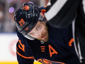 Edmonton Oilers' Leon Draisaitl (29) lines up for a face off with the Colorado Avalanche during first period of Game 4 of the NHL Western Conference Final action at Rogers Place in Edmonton, on Monday, June 6, 2022.