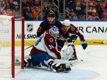 Edmonton Oilers' Connor McDavid (97) is stopped by Colorado Avalanche's goaltender Pavel Francouz (39) during first period of Game 4 of the NHL Western Conference Final action at Rogers Place in Edmonton, on Monday, June 6, 2022.