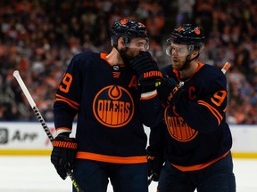 Edmonton Oilers' Connor McDavid (97) chats with Leon Draisaitl (29) as they play the Colorado Avalanche during first period of Game 4 of the NHL Western Conference Final action at Rogers Place in Edmonton, on Monday, June 6, 2022.