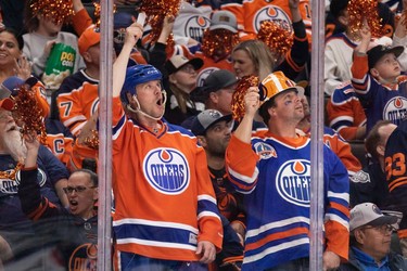 Fans cheer Edmonton OilersRyan Nugent-Hopkins (93) goal on Colorado Avalanche goaltender Pavel Francouz (39) during second period of Game 4 of the NHL Western Conference Final action at Rogers Place in Edmonton, on Monday, June 6, 2022.