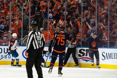 Edmonton Oilers' Ryan Nugent-Hopkins (93) celebrates a goal with teammates on Colorado Avalanche's goaltender Pavel Francouz (39) during second period of Game 4 of the NHL Western Conference Final action at Rogers Place in Edmonton, on Monday, June 6, 2022.
