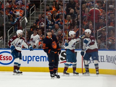 Colorado Avalanche's Mikko Rantanen (96) celebrates a goal with teammates on Edmonton Oilers' goaltender Mike Smith (41) during third period of Game 4 of the NHL Western Conference Final action at Rogers Place in Edmonton, on Monday, June 6, 2022.