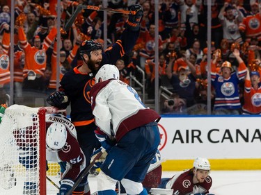 Edmonton Oilers' Zack Kassian (44) celebrates a goal with teammates on Colorado Avalanche's goaltender Pavel Francouz (39) during third period of Game 4 of the NHL Western Conference Final action at Rogers Place in Edmonton, on Monday, June 6, 2022.